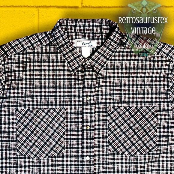 VINTAGE Y2K White, Navy, & Burgundy Plaid Western Pearl Snap Flannel, Large - Picture 3 of 4